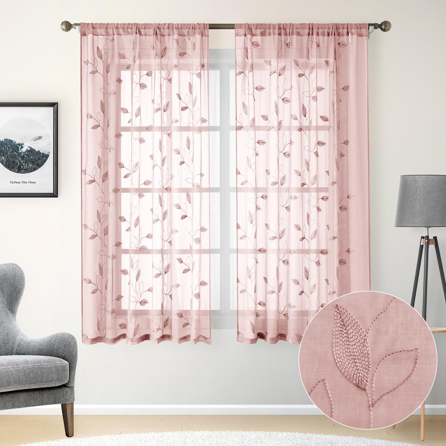 Homeideas Blush Pink Floral Sheer Curtains 63 Inches Long 2 Panels Embroidered Sheer Pattern Curtains Semi Sheer Window Curtains For Bedroom Living Room